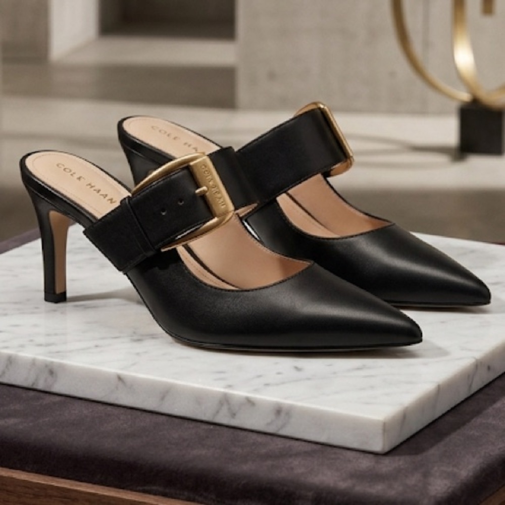 (NWOT)COLE HAAN-Kitten Heel Mules with Gold Buckle